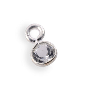 Stone Connectors & Drops. Sterling Silver 3.0mm Width / Length, White Topaz Stone, Round Drop with one 2.2mm Closed Ring. Quantity Per Pack: 1 Piece.