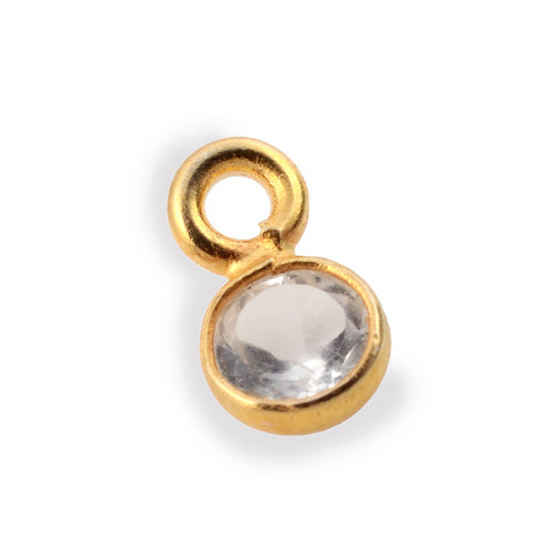 Stone Connectors & Drops. Sterling Silver Gold Plated / Vermeil 3.0mm Width / Length, White Topaz Stone, Round Drop with one 2.2mm Closed Ring. Quantity Per Pack: 1 Piece.