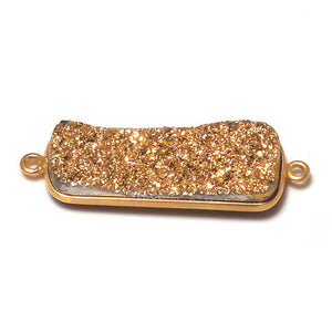 Stone Connectors & Drops. Sterling Silver Gold Plated / Vermeil 10.6mm Width by 36.7mm Length, Druzy - Gold Stone, Rectangle Connector with 3.1mm Closed Ring on each side. Quantity Per Pack: 1 Piece.