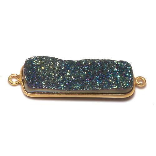 Stone Connectors & Drops. Sterling Silver Gold Plated / Vermeil 10.6mm Width by 36.7mm Length, Druzy - Green Stone, Rectangle Connector with 3.1mm Closed Ring on each side. Quantity Per Pack: 1 Piece.