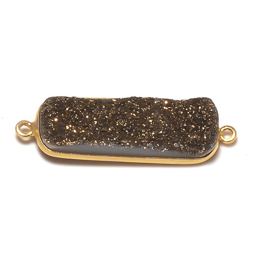 Stone Connectors & Drops. Sterling Silver Gold Plated / Vermeil 10.6mm Width by 36.7mm Length, Druzy - Bronze Stone, Rectangle Connector with 3.1mm Closed Ring on each side. Quantity Per Pack: 1 Piece.