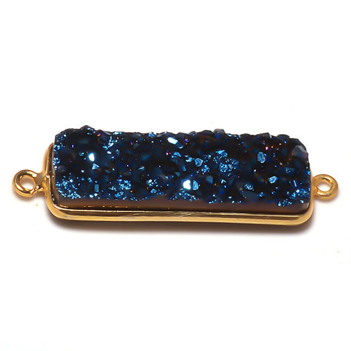 Stone Connectors & Drops. Sterling Silver Gold Plated / Vermeil 10.6mm Width by 36.7mm Length, Druzy - Blue Stone, Rectangle Connector with 3.1mm Closed Ring on each side. Quantity Per Pack: 1 Piece.