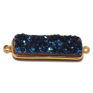 Stone Connectors & Drops. Sterling Silver Gold Plated / Vermeil 10.6mm Width by 36.7mm Length, Druzy - Blue Stone, Rectangle Connector with 3.1mm Closed Ring on each side. Quantity Per Pack: 1 Piece.