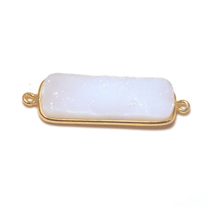 Stone Connectors & Drops. Sterling Silver Gold Plated / Vermeil 10.6mm Width by 36.7mm Length, Druzy - Natural Stone, Rectangle Connector with 3.1mm Closed Ring on each side. Quantity Per Pack: 1 Piece.