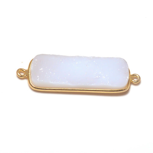 Stone Connectors & Drops. Sterling Silver Gold Plated / Vermeil 10.6mm Width by 36.7mm Length, Druzy - Natural Stone, Rectangle Connector with 3.1mm Closed Ring on each side. Quantity Per Pack: 1 Piece.