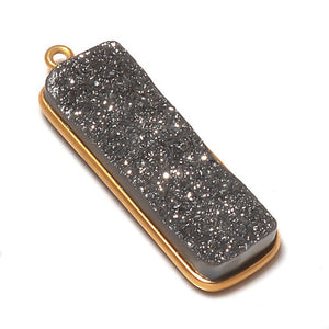 Stone Connectors & Drops. Sterling Silver Gold Plated / Vermeil 10.2mm Width by 33.8mm Length, Druzy - Black Stone, Rectangle Drop with one 3.1mm Closed Ring. Quantity Per Pack: 1 Piece.