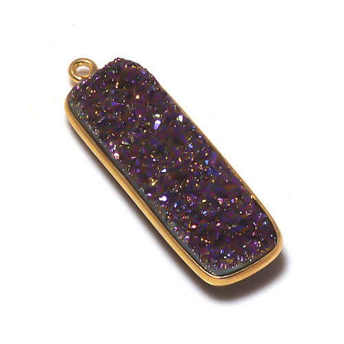 Stone Connectors & Drops. Sterling Silver Gold Plated / Vermeil 10.2mm Width by 33.8mm Length, Druzy - Violet Stone, Rectangle Drop with one 3.1mm Closed Ring. Quantity Per Pack: 1 Piece.