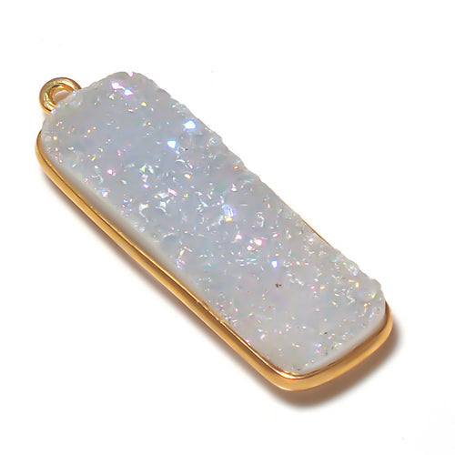 Stone Connectors & Drops. Sterling Silver Gold Plated / Vermeil 10.2mm Width by 33.8mm Length, Druzy - Rainbow Stone, Rectangle Drop with one 3.1mm Closed Ring. Quantity Per Pack: 1 Piece.