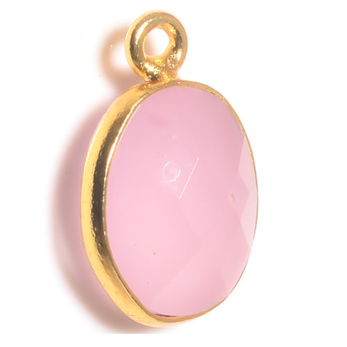 Stone Connectors & Drops. Sterling Silver Gold Plated / Vermeil 9.0mm Width by 13.7mm Length, Chalcedony - Rani Pink Stone, Oval Drop with one 3.0mm Closed Ring. Quantity Per Pack: 1 Piece.