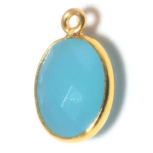 Stone Connectors & Drops. Sterling Silver Gold Plated / Vermeil 9.0mm Width by 13.7mm Length, Chalcedony - Aqua Stone, Oval Drop with one 3.0mm Closed Ring. Quantity Per Pack: 1 Piece.