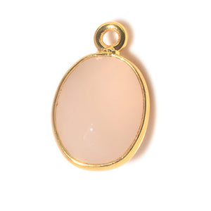 Stone Connectors & Drops. Sterling Silver Gold Plated / Vermeil 9.0mm Width by 13.7mm Length, Pink Opal Stone, Oval Drop with one 3.0mm Closed Ring. Quantity Per Pack: 1 Piece.