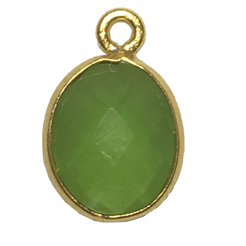 Stone Connectors & Drops. Sterling Silver Gold Plated / Vermeil 9.0mm Width by 13.7mm Length, Prehnite Stone, Oval Drop with one 3.0mm Closed Ring. Quantity Per Pack: 1 Piece.