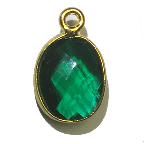 Stone Connectors & Drops. Sterling Silver Gold Plated / Vermeil 9.0mm Width by 13.7mm Length, Emerald Stone, Oval Drop with one 3.0mm Closed Ring. Quantity Per Pack: 1 Piece.