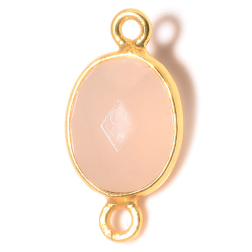 Stone Connectors & Drops. Sterling Silver Gold Plated / Vermeil 9.0mm Width by 17.7mm Length, Pink Opal Quartz Stone, Oval Connector with 3.0mm Closed Ring on each side. Quantity Per Pack: 1 Piece.