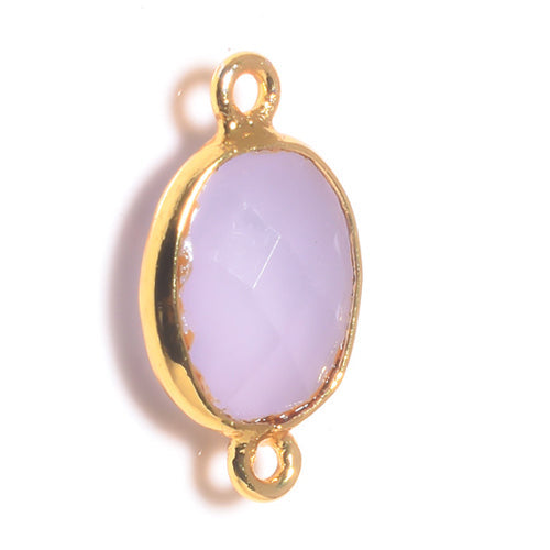 Stone Connectors & Drops. Sterling Silver Gold Plated / Vermeil 9.0mm Width by 17.7mm Length, Chalcedony - Rani Pink Stone, Oval Connector with 3.0mm Closed Ring on each side. Quantity Per Pack: 1 Piece.