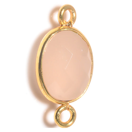 Stone Connectors & Drops. Sterling Silver Gold Plated / Vermeil 9.0mm Width by 17.7mm Length, Morganite Stone, Oval Connector with 3.0mm Closed Ring on each side. Quantity Per Pack: 1 Piece.