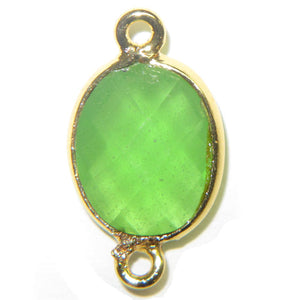 Stone Connectors & Drops. Sterling Silver Gold Plated / Vermeil 9.0mm Width by 17.7mm Length, Prehnite Stone, Oval Connector with 3.0mm Closed Ring on each side. Quantity Per Pack: 1 Piece.