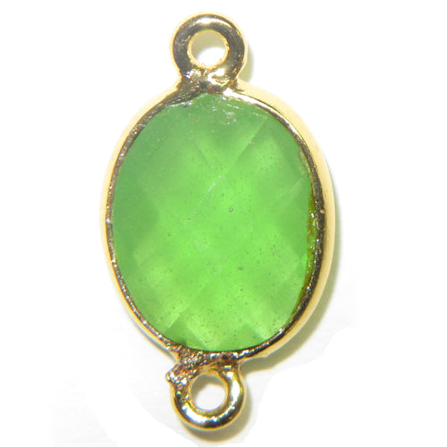 Stone Connectors & Drops. Sterling Silver Gold Plated / Vermeil 9.0mm Width by 17.7mm Length, Prehnite Stone, Oval Connector with 3.0mm Closed Ring on each side. Quantity Per Pack: 1 Piece.