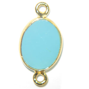 Stone Connectors & Drops. Sterling Silver Gold Plated / Vermeil 9.0mm Width by 17.7mm Length, Chalcedony - Aqua Stone, Oval Connector with 3.0mm Closed Ring on each side. Quantity Per Pack: 1 Piece.