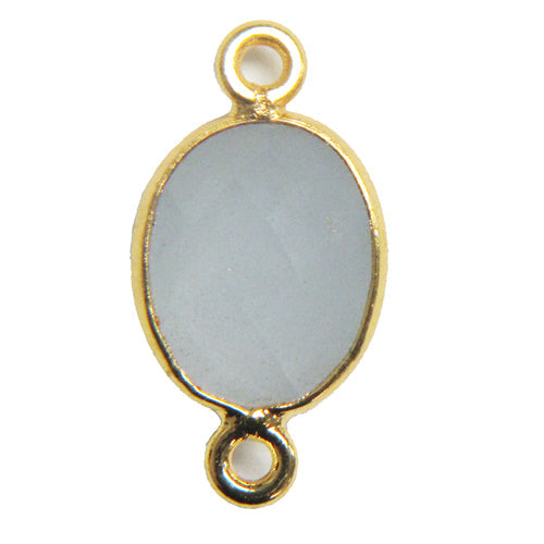 Stone Connectors & Drops. Sterling Silver Gold Plated / Vermeil 9.0mm Width by 17.7mm Length, Chalcedony Stone, Oval Connector with 3.0mm Closed Ring on each side. Quantity Per Pack: 1 Piece.