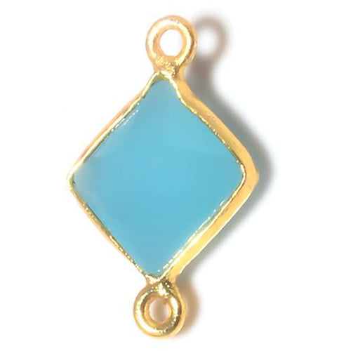 Stone Connectors & Drops. Sterling Silver Gold Plated / Vermeil 11.2mm Width by 17.0mm Length, Chalcedony - Aqua Stone, Diamond Shaped Connector with 3.0mm Closed Ring on each side. Quantity Per Pack: 1 Piece.