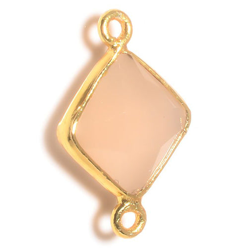 Stone Connectors & Drops. Sterling Silver Gold Plated / Vermeil 11.2mm Width by 17.0mm Length, Pink Opal Quartz Stone, Diamond Shaped Connector with 3.0mm Closed Ring on each side. Quantity Per Pack: 1 Piece.