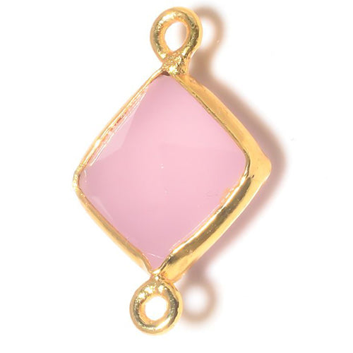 Stone Connectors & Drops. Sterling Silver Gold Plated / Vermeil 11.2mm Width by 17.0mm Length, Chalcedony - Rani Pink Stone, Diamond Shaped Connector with 3.0mm Closed Ring on each side. Quantity Per Pack: 1 Piece.