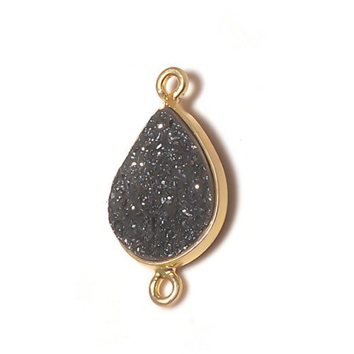 Stone Connectors & Drops. Sterling Silver Gold Plated / Vermeil 9.3mm Width by 19.4mm Length, Druzy - Black Stone, Tear Drop Connector with 3.3mm Closed Ring on each side. Quantity Per Pack: 1 Piece.