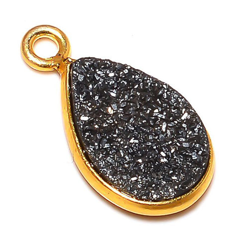 Stone Connectors & Drops. Sterling Silver Gold Plated / Vermeil 9.3mm Width by 15.9mm Length, Druzy - Black Stone, Tear Drop, Drop with one 3.3mm Closed Ring. Quantity Per Pack: 1 Piece.