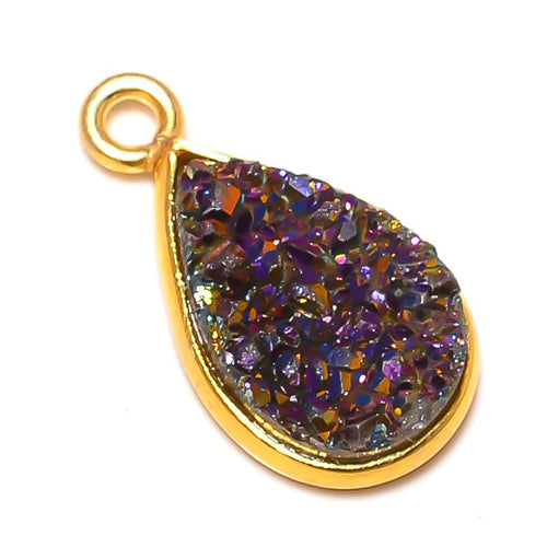 Stone Connectors & Drops. Sterling Silver Gold Plated / Vermeil 9.3mm Width by 15.9mm Length, Druzy - Violet Stone, Tear Drop, Drop with one 3.3mm Closed Ring. Quantity Per Pack: 1 Piece.