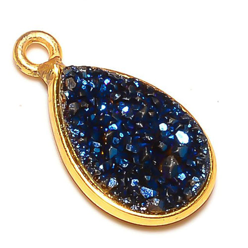 Stone Connectors & Drops. Sterling Silver Gold Plated / Vermeil 9.3mm Width by 15.9mm Length, Druzy - Blue Stone, Tear Drop, Drop with one 3.3mm Closed Ring. Quantity Per Pack: 1 Piece.