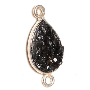 Stone Connectors & Drops. Sterling Silver 9.3mm Width by 19.4mm Length, Druzy - Black Stone, Tear Drop Connector with 3.3mm Closed Ring on each side. Quantity Per Pack: 1 Piece.