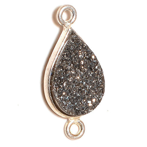 Stone Connectors & Drops. Sterling Silver 9.3mm Width by 19.4mm Length, Druzy - Platinum Stone, Tear Drop Connector with 3.3mm Closed Ring on each side. Quantity Per Pack: 1 Piece.