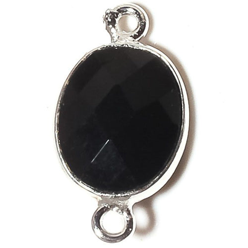 Stone Connectors & Drops. Sterling Silver 9.0mm Width by 17.7mm Length, Black Onyx Stone, Oval Connector with 3.0mm Closed Ring on each side. Quantity Per Pack: 1 Piece.