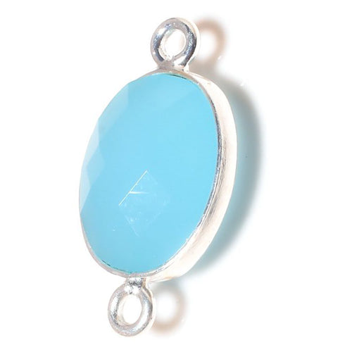 Stone Connectors & Drops. Sterling Silver 9.0mm Width by 17.7mm Length, Chalcedony - Aqua Stone, Oval Connector with 3.0mm Closed Ring on each side. Quantity Per Pack: 1 Piece.