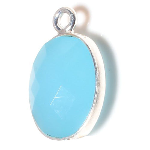 Stone Connectors & Drops. Sterling Silver 9.0mm Width by 13.7mm Length, Chalcedony - Aqua Stone, Oval Drop with one 3.0mm Closed Ring. Quantity Per Pack: 1 Piece.