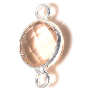 Stone Connectors & Drops. Sterling Silver 8.0mm Width / Length, Morganite Stone, Round Connector with 3.3mm Closed Ring on each side. Quantity Per Pack: 1 Piece.