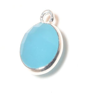 Stone Connectors & Drops. Sterling Silver 8.00mm Width / Length, Chalcedony - Aqua Stone, Round Drop with one 3.30mm Closed Ring. Quantity Per Pack: 1 Piece.