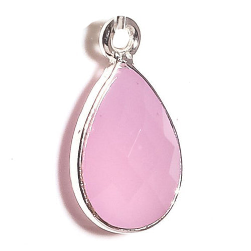 Stone Connectors & Drops. Sterling Silver 9.3mm Width by 15.9mm Length, Chalcedony - Rani Pink Stone, Tear Drop, Drop with one 3.3mm Closed Ring. Quantity Per Pack: 1 Piece.