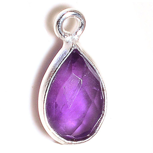 Stone Connectors & Drops. Sterling Silver 9.3mm Width by 15.9mm Length, Amethyst Quartz Stone, Tear Drop, Drop with one 3.3mm Closed Ring. Quantity Per Pack: 1 Piece.