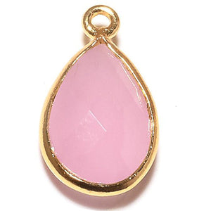 Stone Connectors & Drops. Sterling Silver Gold Plated / Vermeil 9.3mm Width by 15.9mm Length, Chalcedony - Rani Pink Stone, Tear Drop, Drop with one 3.3mm Closed Ring. Quantity Per Pack: 1 Piece.