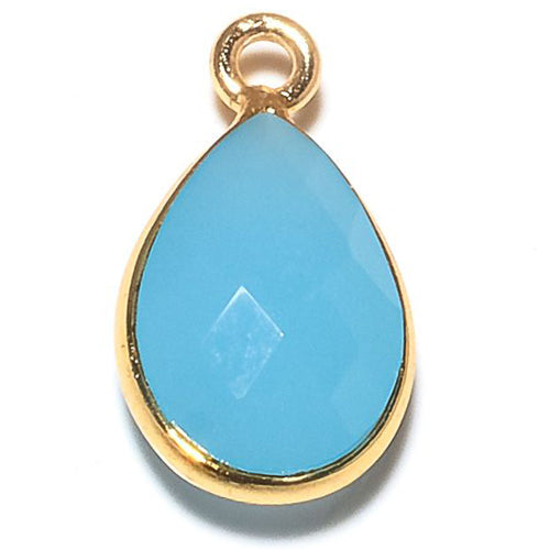 Stone Connectors & Drops. Sterling Silver Gold Plated / Vermeil 9.3mm Width by 15.9mm Length, Chalcedony - Peru Stone, Tear Drop, Drop with one 3.3mm Closed Ring. Quantity Per Pack: 1 Piece.