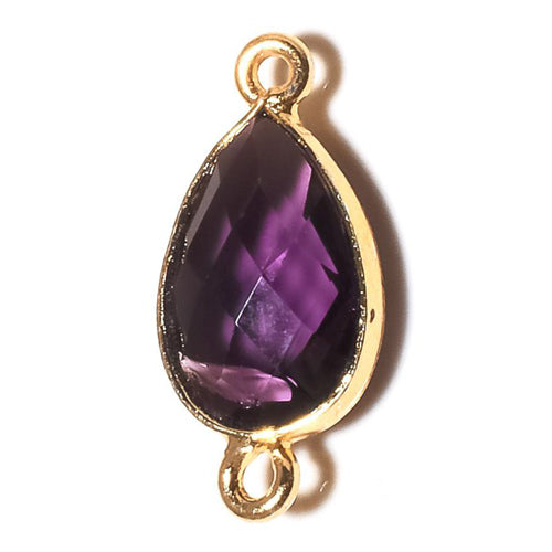 Stone Connectors & Drops. Sterling Silver Gold Plated / Vermeil 9.3mm Width by 19.4mm Length, Amethyst Stone, Tear Drop Connector with 3.3mm Closed Ring on each side. Quantity Per Pack: 1 Piece.