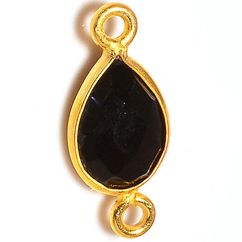 Stone Connectors & Drops. Sterling Silver Gold Plated / Vermeil 9.3mm Width by 19.4mm Length, Black Onyx Stone, Tear Drop Connector with 3.3mm Closed Ring on each side. Quantity Per Pack: 1 Piece.