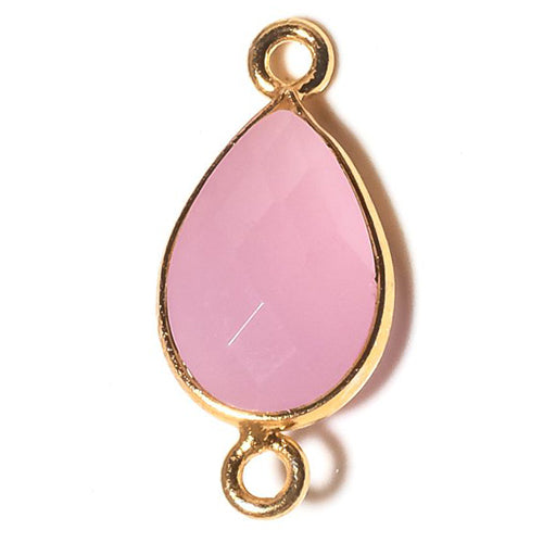 Stone Connectors & Drops. Sterling Silver Gold Plated / Vermeil 9.3mm Width by 19.4mm Length, Chalcedony - Rani Pink Stone, Tear Drop Connector with 3.3mm Closed Ring on each side. Quantity Per Pack: 1 Piece.