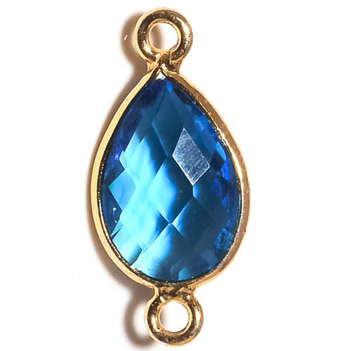 Stone Connectors & Drops. Sterling Silver Gold Plated / Vermeil 9.3mm Width by 19.4mm Length, Swiss Blue Topaz Quartz Stone, Tear Drop Connector with 3.3mm Closed Ring on each side. Quantity Per Pack: 1 Piece.