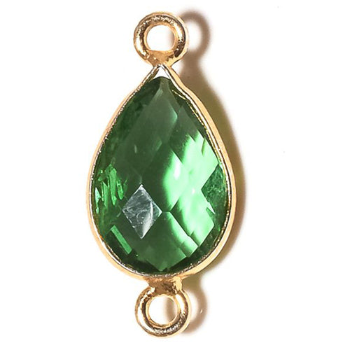 Stone Connectors & Drops. Sterling Silver Gold Plated / Vermeil 9.3mm Width by 19.4mm Length, Emerald Quartz Stone, Tear Drop Connector with 3.3mm Closed Ring on each side. Quantity Per Pack: 1 Piece.