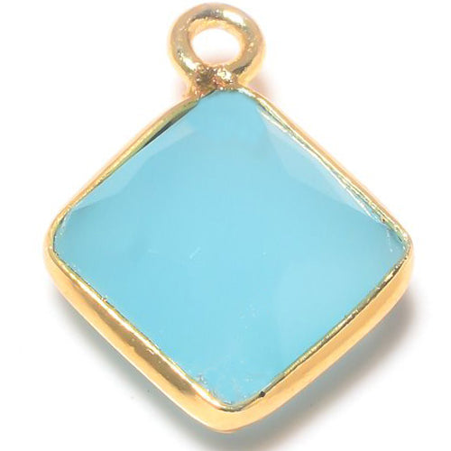 Stone Connectors & Drops. Sterling Silver Gold Plated / Vermeil 11.00mm Width by 14.50mm Length, Chalcedony - Aqua Stone, Diamond Shaped Drop with one 3.30mm Closed Ring. Quantity Per Pack: 1 Piece.