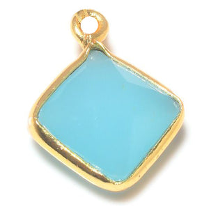 Stone Connectors & Drops. Sterling Silver Gold Plated / Vermeil 11.0mm Width by 14.5mm Length, Chalcedony - Aqua Stone, Diamond Shaped Drop with one 3.3mm Closed Ring. Quantity Per Pack: 1 Piece.