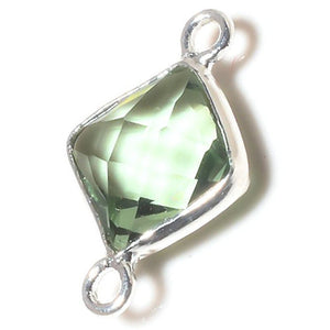 Stone Connectors & Drops. Sterling Silver 11.0mm Width by 17.5mm Length, Green Amethyst Stone, Diamond Shaped Connector with 3.3mm Closed Ring on each side. Quantity Per Pack: 1 Piece.